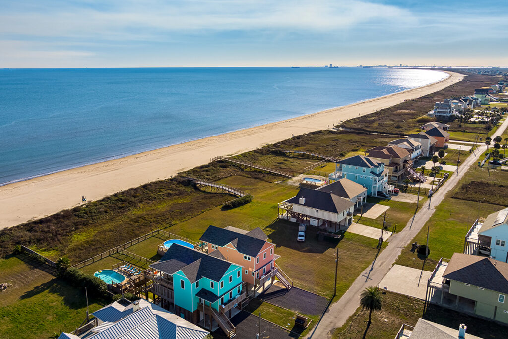 Beachfront vacation rental home on the Bolivar Peninsula at sunset