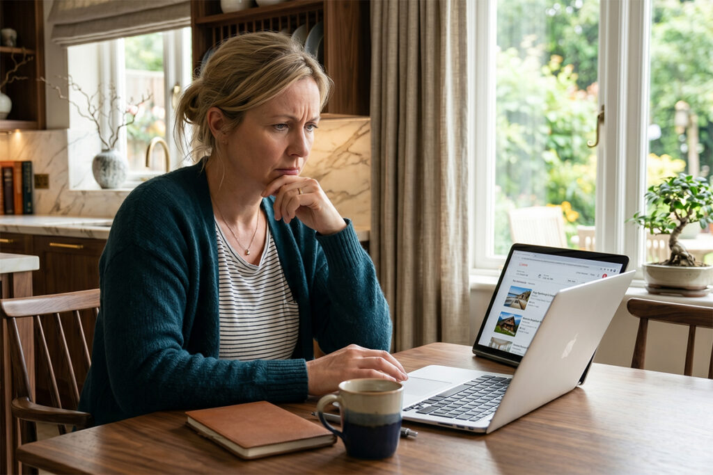 Homeowner reviewing vacation rental bookings on laptop