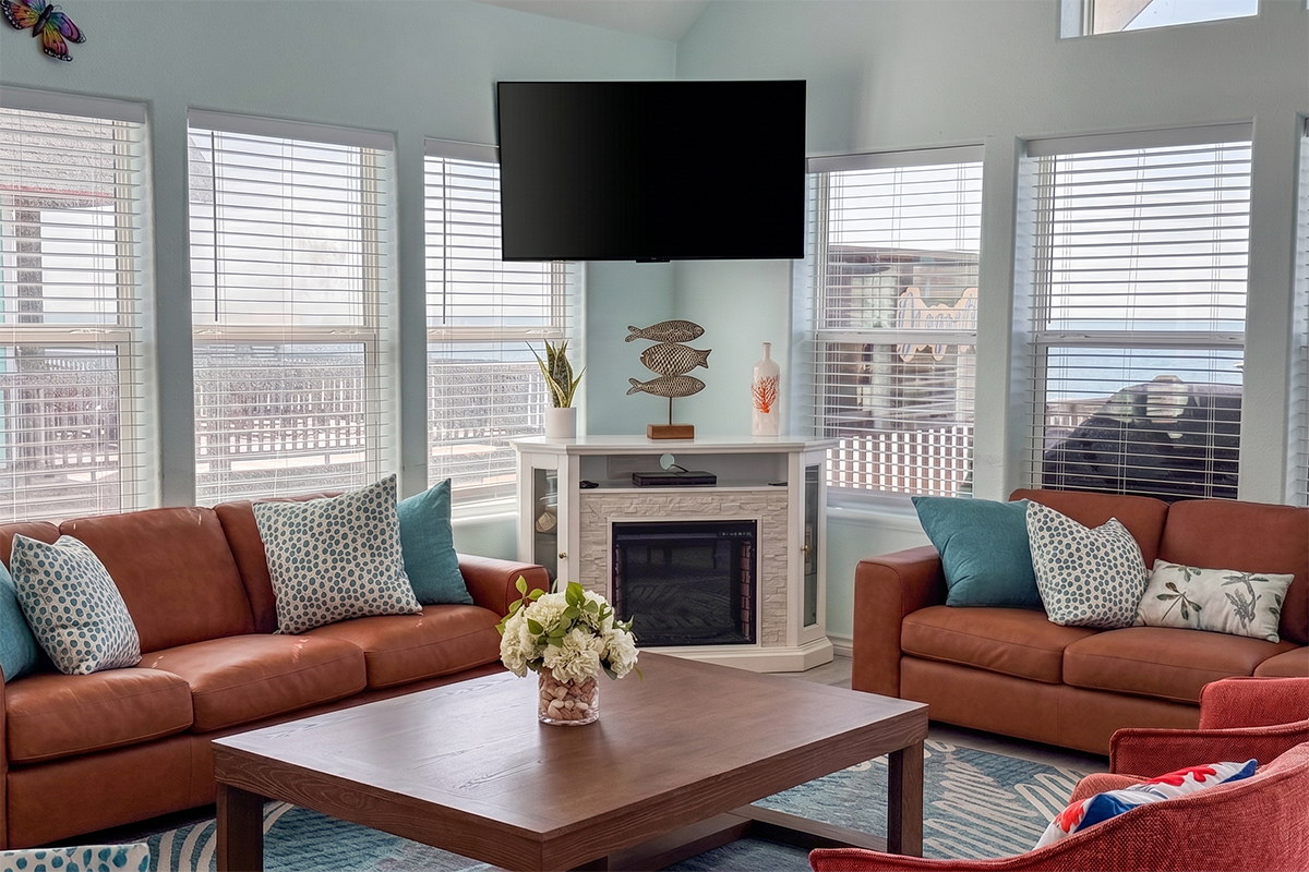 Well-furnished coastal vacation rental living room on the Texas Gulf Coast