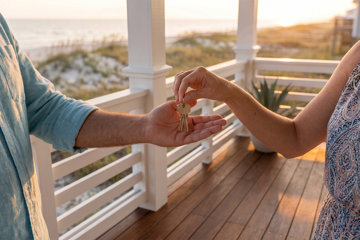 Property manager and homeowner shaking hands near a Bolivar Peninsula beach house