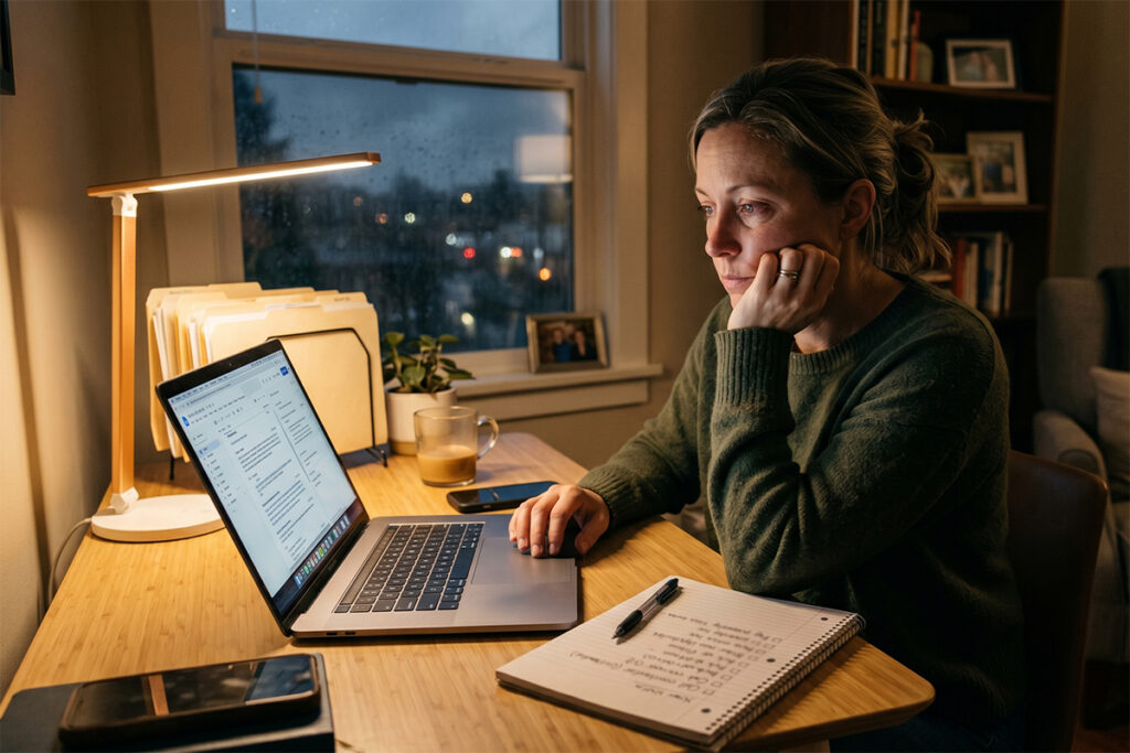 Homeowner managing vacation rental bookings alone on laptop at home