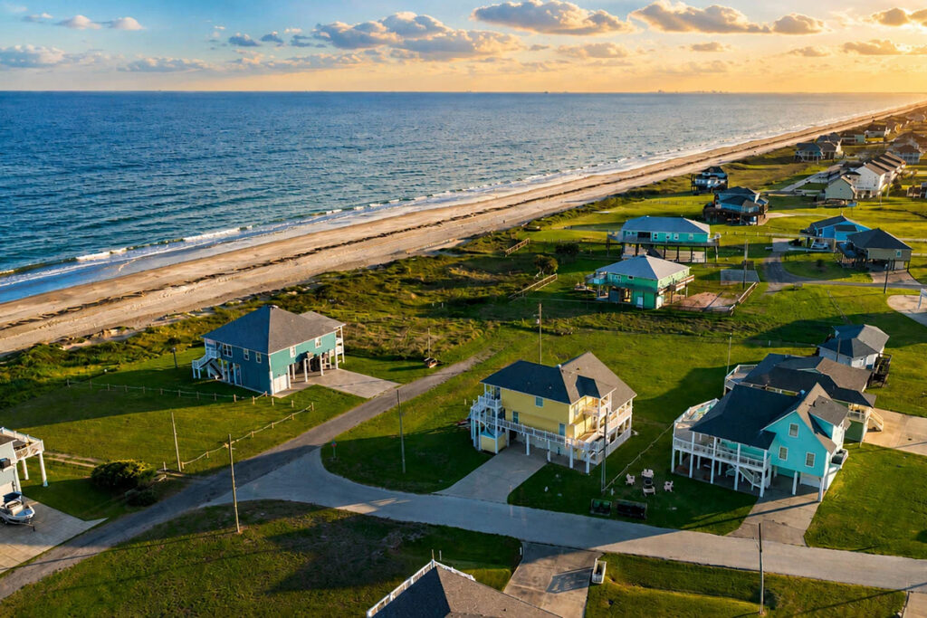 Aerial view of beachfront vacation rental homes along the Bolivar Peninsula Texas Gulf Coast