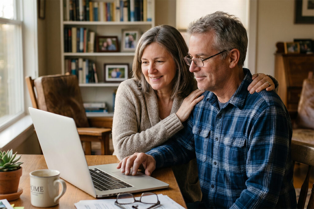 Couple reviewing vacation rental property management options on laptop at home