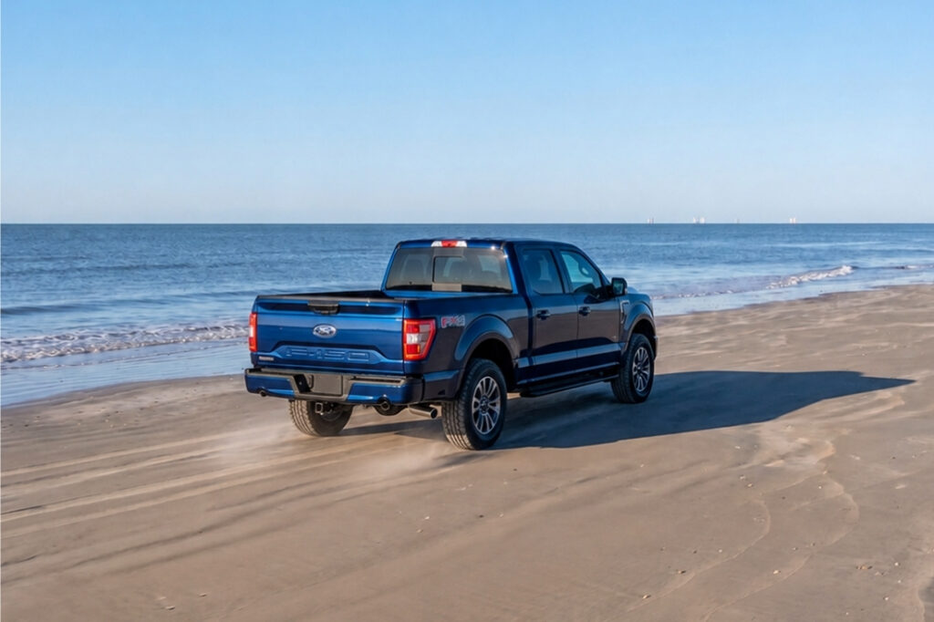 Ford F-150 driving on Crystal Beach Texas sand with ocean in background, Bolivar Peninsula beach driving