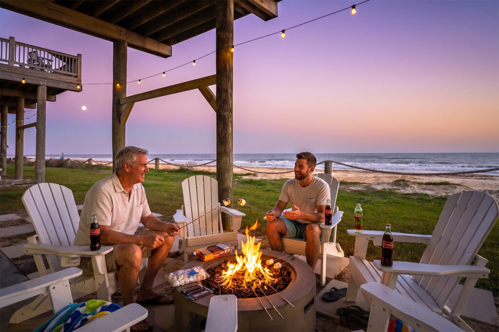 Two men roasting marshmallows at a beachfront fire pit at sunset, Bolivar Peninsula Texas coast Labor Day