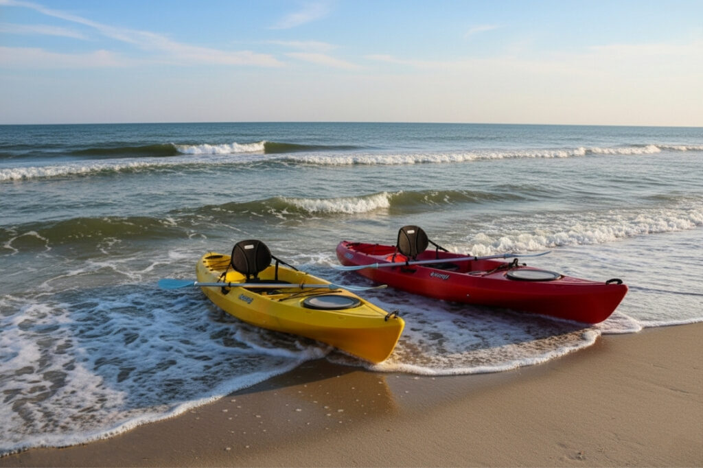 Two kayaks on the beach shoreline ready to launch into calm coastal water