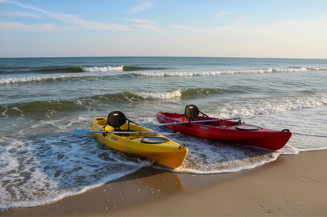 Two kayaks on the beach shoreline ready to launch into calm coastal water
