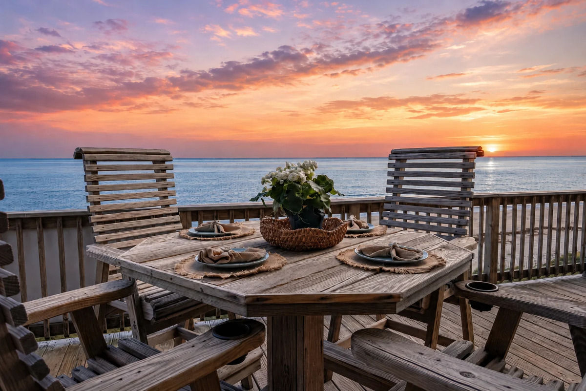 Outdoor deck dining table at sunset overlooking the ocean at a beachfront vacation rental