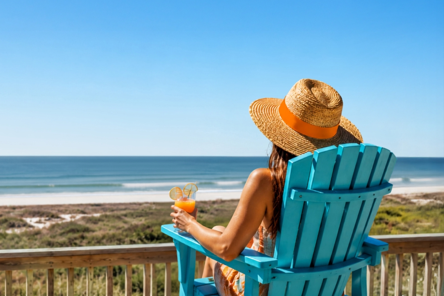 Woman relaxing on a beachfront deck overlooking the Texas coast, Bolivar Peninsula late summer