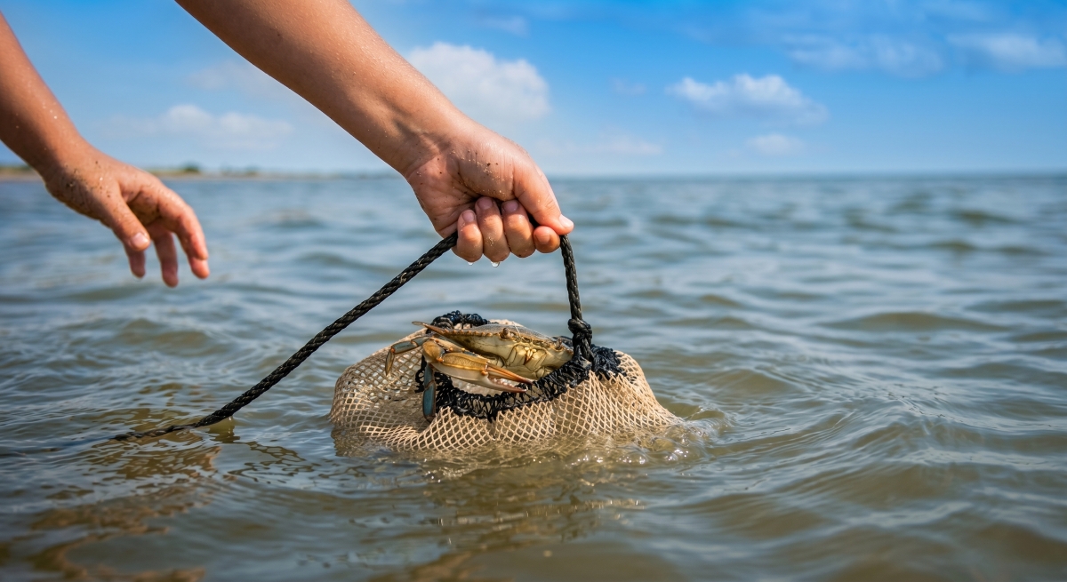 A hand pulling a mesh dip net out of shallow bay water with a blue crab caught inside