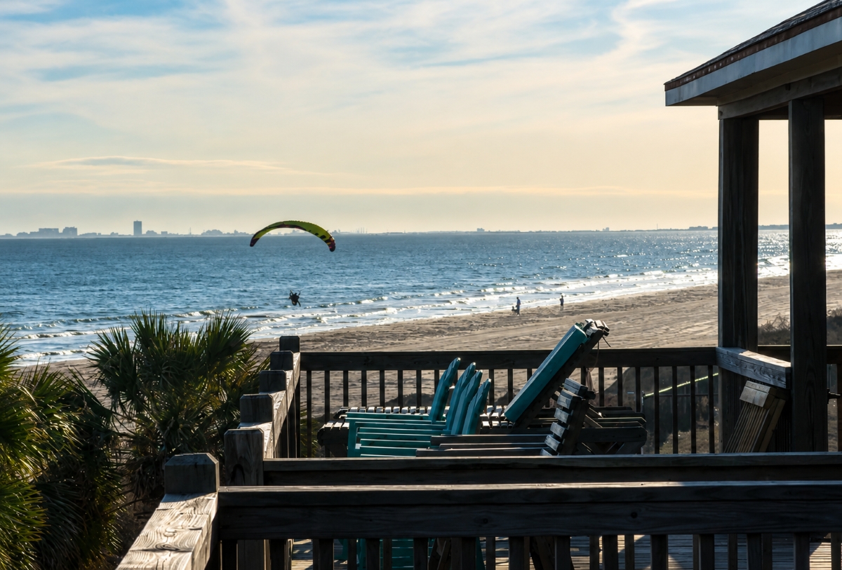 Beach house deck with stacked teal chairs facing a calm beach where a paraglider flies low over the water