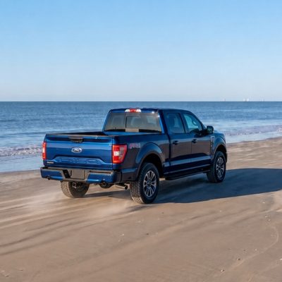 Ford F-150 driving on Crystal Beach Texas sand with ocean in background, Bolivar Peninsula beach driving
