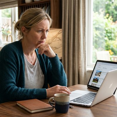 Homeowner reviewing vacation rental bookings on laptop