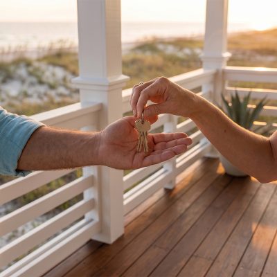 Property manager and homeowner shaking hands near a Bolivar Peninsula beach house
