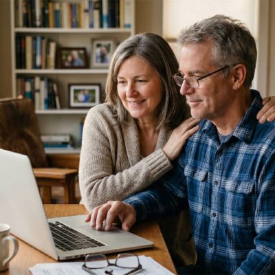 Couple reviewing vacation rental property management options on laptop at home