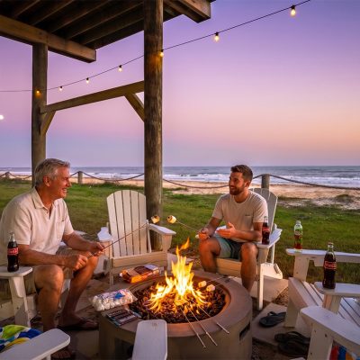 Two men roasting marshmallows at a beachfront fire pit at sunset, Bolivar Peninsula Texas coast Labor Day