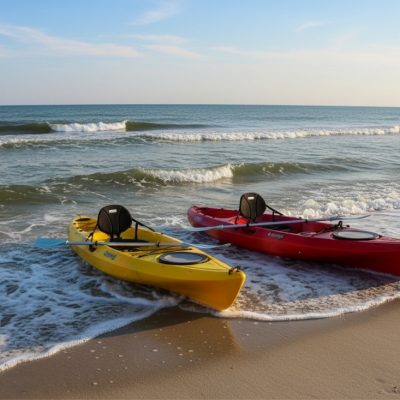 Two kayaks on the beach shoreline ready to launch into calm coastal water